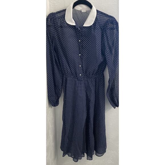 Vintage Womens Sheer Blue/White Polka Dot Midi Dress Size 14 Pearl Button - Picture 1 of 7